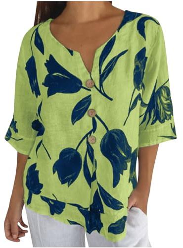 AMhomely Women's Blouses & Shirts Linen Tops for Women Plus Size Floral Tees Shirts Short Sleeve V Neck Oversized Blouse Tops Loose Vintage Tunic Office Work Dressy Elegant Green L