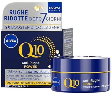 NIVEA Q10 Anti-Rughe Power Crema Viso Notte Extra Rigenerante 50 ml, Crema viso antirughe e idratante, Crema viso Acido Ialuronico, Coenzima Q10 e Creatina per un doppio booster di collagene