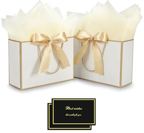 FLUETOOD Geschenktüten 2 Stück Geschenktaschen mit 2 Schleifenbändern 2 Grußkarten 4 Blatt Packpapier,Partytüten Geburtstag Papiertüten mit Henkel für Hochzeit Christmas Festivalfeier Feier