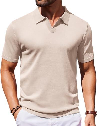 COOFANDY Mens Knit Polo Shirts V Neck Short Sleeve Stretch Polo T Shirt Casual Golf Shirts (Khaki, Large)