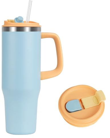 Tazza termica con cannuccia e manico, 1,2 l, in acciaio inox, a doppia parete, a prova di perdite, a prova di perdite, 24 ore, freddo, 18 bicchieri da viaggio senza BPA