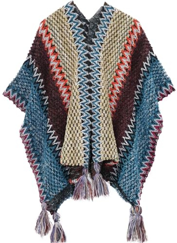 Miaikvs Women's Colorful Stripe Vintage Ethnic Style Poncho Women's Shawl Coat Knit Shawl Wrap Open Front Cardigans for Women(Red Blue 1)