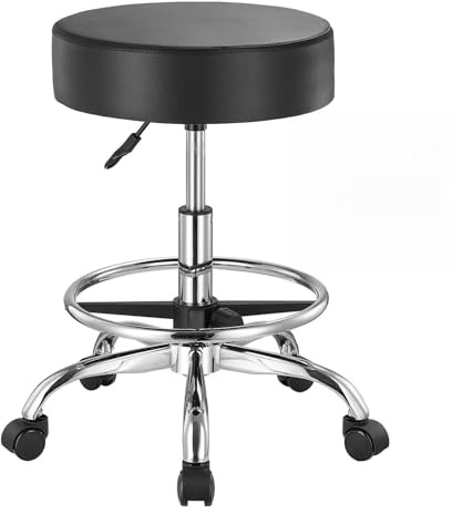 VEVOR Tabouret à roulettes avec Repose-Pieds, capacité de Poids 204 kg, Rond Tabouret Roulant, Hauteur réglable, Chaise pivotante en Cuir PU épais, pour Salon, Spa, Massage, Tatouage, Clinique, Noir