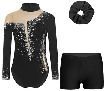 Manyakai Maillot Leotardo de Gimnasia para Niña de Manga Larga de Colorido Brillante con Pantalón Corto de Deporte Traje de Gimnasia Rítmica Disfraz de Bailarina 5-16 Años Negro A 11-12 años