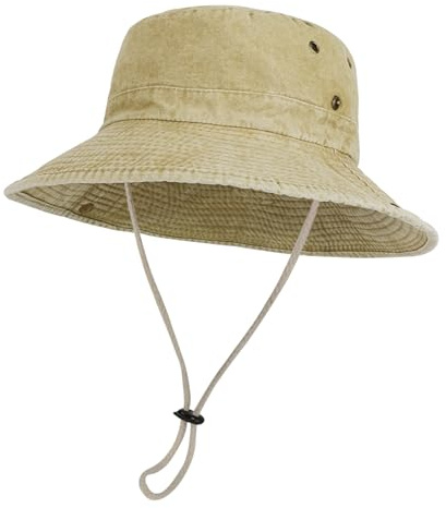 TAGVO Breda kanter solhatt för män och kvinnor, vintage fiskhatt i tvättad bomull, ventilerande hinkhattar med justerbar dragsko, lätt och vikbar vandringshatt, kaki, One size