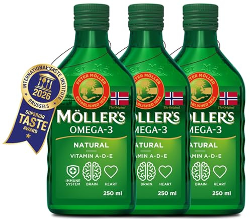 Moller’s ® | Omega 3 Cod Liver Oil | Omega-3 Dietary Supplements with EPA, DHA, Vitamin A, D and E | Superior Taste Award | Pure & Natural cod Liver Oil | 166 Year Old Brand | Neutral | 250 ml x 3