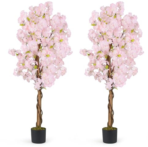 GIANTEX Set di 2 Piante Artificiali di Sakura, Pianta Artificiale 150 cm in Vaso, Falso Albero di Ciliegio con Fiori Rosa, Albero Artificiale Decorativo per la Casa