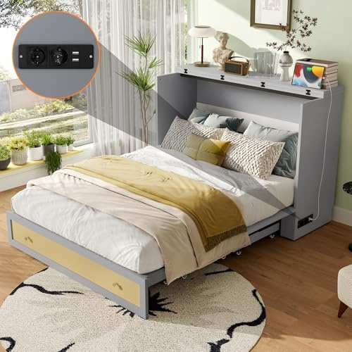 Trdlpyn Letto a Scomparsa Mobile 140 x 200 con USB e Presa di Corrente, Letto a Piattaforma Trasformabile, letto a Muro con Cassetti e Ripiani, Grigio, Senza Materasso