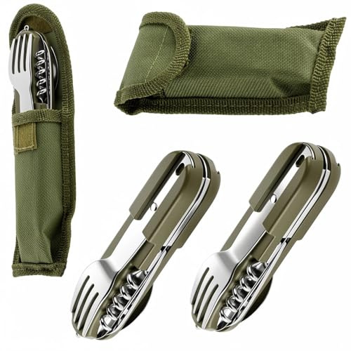 Dwitkul Lot de 2 Couvert Camping Multifonction, Couteau Fourchette Cuillere 7 en 1 en Acier Inoxydable, avec Sac de Rangement - Multifonction pour Randonnée, Pique-nique et Voyage.(Vert)
