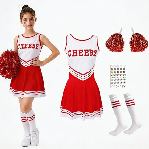 Fancysky Cheerleader kostym barn, cheerleadering outfit, barnkostym, cheerleader med kjol, pompomsstrumpor, 2 klistermärken, cheerleading uniform för karneval, halloween, karneval, cosplay | Pompom Girl Uniform outfit med pompoms cheerleader strumpor och 2 klistermärken, karneval, halloween, cosplay maskerad