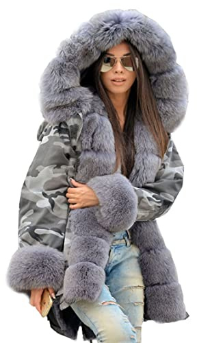 Aox Women Faux Fur Winter Coat Hooded Camouflage Parka Outdoor Heated Jacket Loose Girls Teddy Anoraks (UK, Numeric, 8, Regular, Regular, Grey)