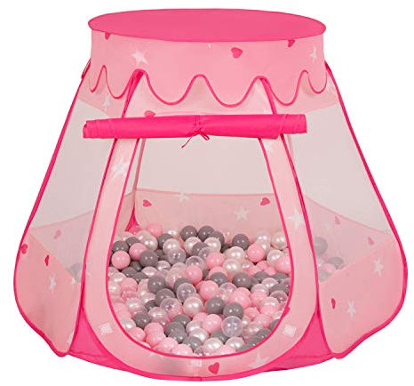 Selonis Baby Spielzelt Mit Plastikbällen Zelt 105X90cm/200 Bälle Plastikkugel Kinder, Pink:Perle-Grau-Transparent-Puderrosa