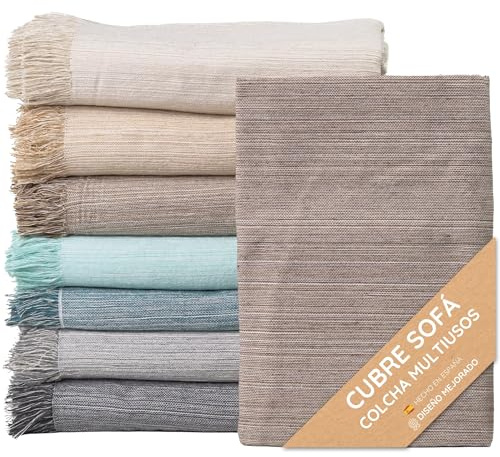 Couvre-lit multi-usages: Plaid Sofa, Plaid Foulard, Couvre-canapé, Foulard pour canapés en coton et autres fibres. Fabriqué en Espagne. Housses de canapé (Brun chiné 05, 180x260cm.)