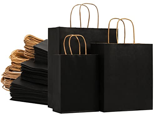 Nicunom 120 Pack Black Kraft Paper Bags with Handles Bulk, 3 Size Paper Gift Bags for Retail, Party Favor, Grocery, Birthday, Shopping, Wedding, Business, Merchandise