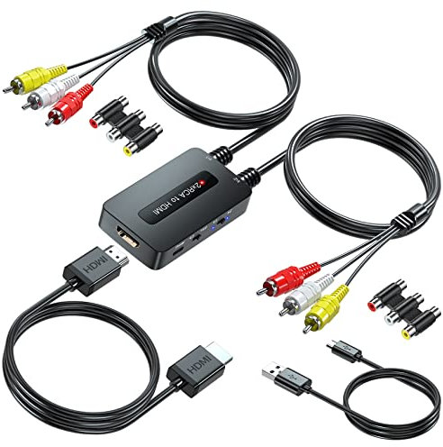 Knisopec Dual Port RCA to HDMI, Double Composite AV to HDMI Converter, Two RCA in One HD Out Converter for N64/Wii/PS2/DVD/VHS to Display On Newer TVs