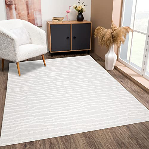 payé Teppich Wohnzimmer - Creme 240x340cm - Meliert Optik - Boho Teppiche für Balkon Terrasse Garten - Hochtief 3D Effekt - Indoor Outdoor Schlafzimmer Esszimmer