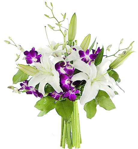 KaBloom - Bouquet of 3 Oriental White Lily 5 Purple Orchid With Lush Greens - Fresh Flowers for Birthday, Valentine's & Mother's Day