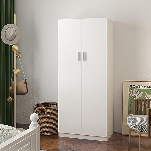 Panana Wooden 2 Door Wardrobe with Shelf and Hanging Rail Modern Clothes Storage Cupboards Unit for Bedroom Furniture W 72 x D 49 x H 169 cm (White)