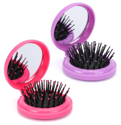Mini spazzola pieghevole per capelli rosa e viola con specchio, confezione da 2 pezzi di strumenti per lo styling dei capelli compatti e portatili