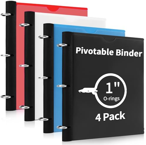 Tashkummy 360 Degree Pivotable Binder, Upgraded 3 Ring Binder 1 inch 4 Pack, Flexible Binders 3 Ring, Foldable Three Ring Binders- Black, White, Blue, Red