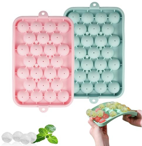 2 Piezas Cubiteras para Hielo con Tapa, Bandeja de Cubitos Hielo Reutilizables, 25 Mini Bolas de Hielo, Silicona Moldes Redondo Cubitos, para Cola, Cócteles, Whisky, té, Vino, Frutas, Puré de Frutas