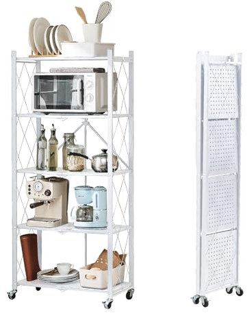 BRIAN & DANY Klappbares Regal mit Rollen, 5 Etagen Faltbare Schwerlastregal, Metallregal Weiß, Lagerregal, Klappregal für die Küche, Büro, 65x 33x 150 cm