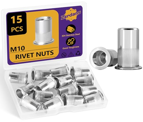 M10 Rivet Nuts, 15Pcs Threaded Insert Nutsert Rivnut Metric 304 Stainless Steel Finish Flat Head Rivnut Threaded Insert Nut Knurled Body for Automotive Furniture (M10-1.5mm)