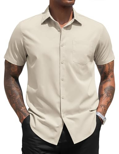 COOFANDY Chemise Homme Manche Courte Été Chemises Casual Regular Fit Chemisette Business Chemise avec Poche Chemises Infroissable sans Repassage Kaki L