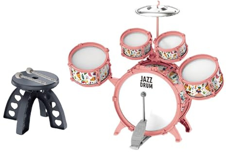 TTETTZ Set de Batería para Niños con Baquetas y Taburete, Juguete Musical para Desarrollo, Rosa
