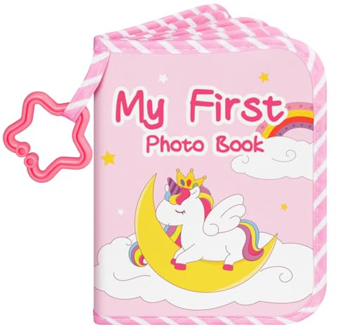 Lanpn Baby Photo Album Holds 17 6x4 Pictures, My First Soft Cloth Family Photo Book with Name Card Name Tag Stickers, Fabric Memory Keepsake Gift for Baby Shower Toddlers (Unicorn-Pink)