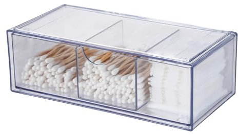 1PCS Square Qtip Holder Dispenser, Clear Cotton Ball Holder wth Compartments, Stackable Cotton Pad Container, Cosmetic Organizer for Bathroom Canisters Vanity Makeup