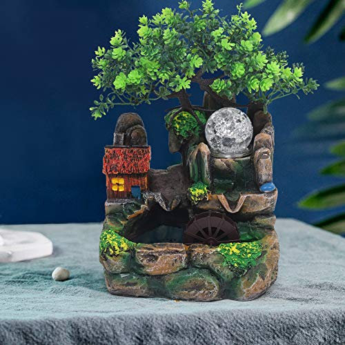 Zimmerbrunnen mit LED Beleuchtung, Grüne Pflanze Tischbrunnen Zimmer Brunnen, Modern Zimmerspringbrunnen Wohnzimmer Deko für Wohnzimmer, Schlafzimmer, Büro 27 * 20 * 16cm