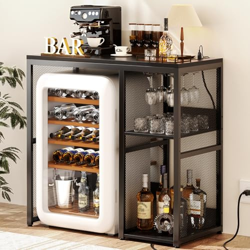 Homieasy Mini Fridge Stand with Power Outlet, Coffee Bar Cabinet with Mini Fridge Space, Industrial Liquor Cabinet with Wine Rack & Glass Holder for Living Room, Home Office, Man Cave, Black