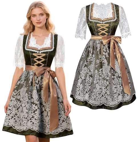 HarnyLoom Tenue de fête de la bière pour femme - Noir - Robe midi 3 pièces - Robe Dirndl avec dentelle - Chemisier Dirndl - Tablier pour occasions festives (noir, 42)