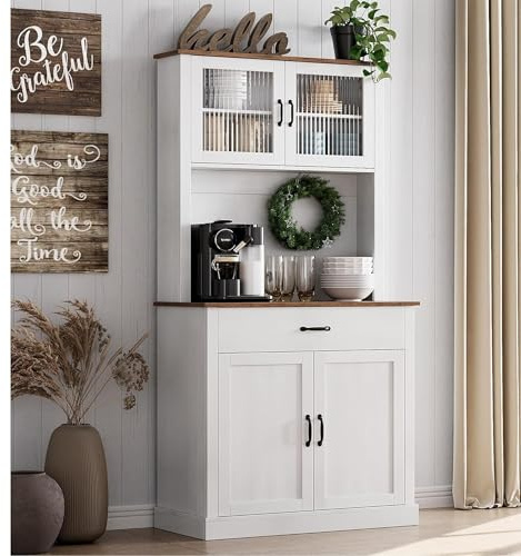 GarveeHome Kitchen Pantry Cabinet, 71 in Tall Kitchen Hutch Storage Pantry with Microwave Stand, Freestanding Buffet with Shelves and Glass Doors for Home Dining Room, White