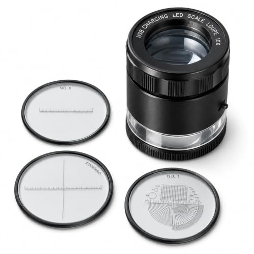 10X Rechargeable Jewelers Loupe with LED Lights & 3 Reticle Scales, 25mm Field of View, Adjustable Focus Eye Loop Magnifier LED Scale Loupe Jewelry Magnifying Glass for Coins, Watch, Stamps, Plants
