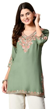 LIBOZA Embroidered Kashmiri Tunic Top, Short Kurti for Women on Jeans, V-Neck, 3/4 Sleeve, Floral Design