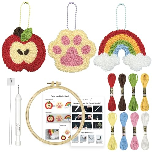 HAND U JOURNEY 3Pcs Embroidery Punch Needle Kit, Original Design with 2.2mm Punch Tool, Threads and Hoop. (Rainbow & Cat paw)