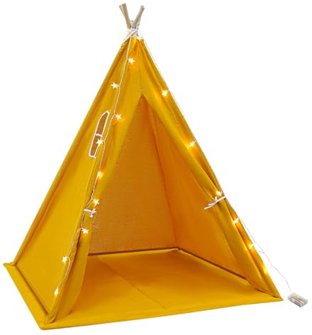 Tipi - Tienda de campaña para niños, color amarillo, con alfombra, guirnalda de luces, 120 x 120 x 140 cm, para niños y niñas