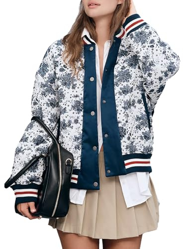 Xaspee Women's Puffer Varsity Baseball Jacket Casual Floral Print Letterman Bomber Jacket Windbreaker Lightweight Jacket (white,M)