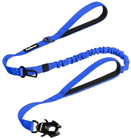 PetBonus Heavy Duty Tactical Dog Leash, 5 FT Bungee Shock Absorption Leash with 2 Padded Handles, Quick Release Metal Clip, Car Seatbelt, No Pull Training Lead for Large Medium Dogs（Blue）