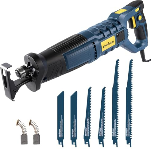 Enventor Sega a Gattuccio 850W, sega elettrica per legno con 6 lame, Velocità 0-2800 SPM, Corsa di 28mm, cambio lama senza attrezzi, maniglia girevole a 180°, per tagliare legno, PVC e metallo