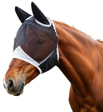 Máscara de mosca para caballo, color negro, protección UV, máscara de mosca Comfort Breathability, orejas de mosca, máscara de mosca para caballo (L)