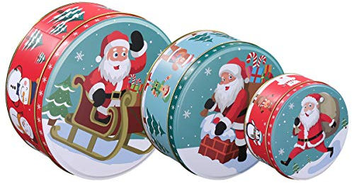 Hemoton Christmas Storage Tins, Set of 3 Triple Festive Round Nesting Tins, Tinplate Cake Biscuit Cookie Muffin Treat Storage Set with Lids for Gift Giving Holiday