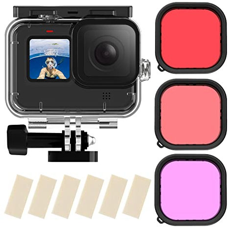 TELESIN Waterproof Case with 3-Pack Filter for GoPro Hero 11 Hero 10 Hero 9, Supports 60M Underwater Scuba Snorkeling Diving with Red Magenta Filter