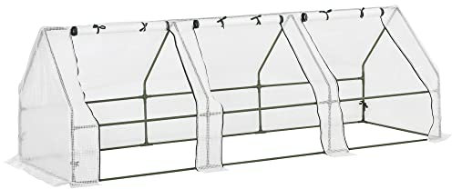 Outsunny Gewächshaus mit 3 Rollfenster, PE-Gitterfolie, Foliengewächshaus aus Stahl, Treibhaus für Balkon, Garten, Tomatenhaus 270x90x90cm, Tomatengewächshaus für Gemüse, Blumen, Pflanzen, Weiß
