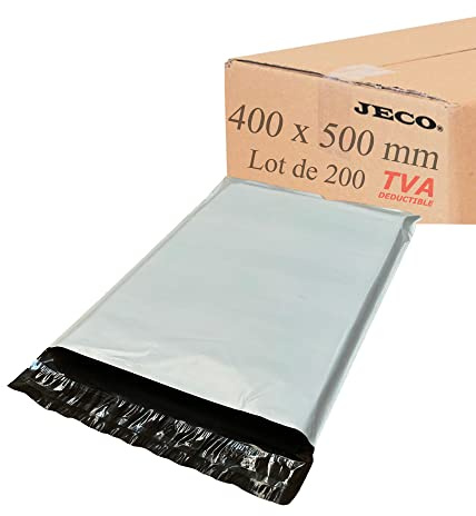 Jeco - Lot de 200 Enveloppes plastique d'expédition opaques 400x500 mm, pochettes plastifiées VAD 40x50cm 65 microns. Légère, solide, inviolable et imperméable