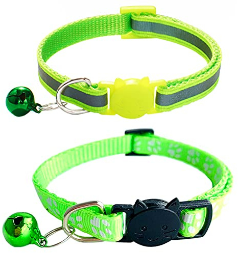 Qinao 2Pack Cat Collars Quick Release Reflective Kitten Collar with Bell & Safety Release (Green)