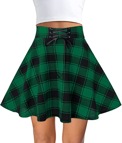 FEOYA Gonne Scozzese Svasata Corta a Vita Alta Donna Ragazza Gonna Tartan Skater Mini Elastico a Pieghe Gotica Harajuku Vintage Pattinatrice Gonne Base A-Line a Quadri con Lacci Scolaretta A Verde S