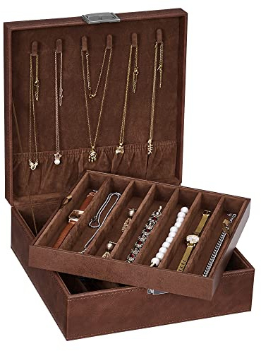 BEWISHOME Jewelry Boxes for Women, 2-Layer Necklace Organizer Box, Modern Style Jewelry Organizers and Storage with Removable Pad for Earrings, Necklace, Bracelet (Brown SSH31Z)